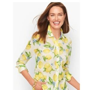 Talbots Button Front Shirt Size MP Lemon Blossom Cotton Long Sleeve Fruit Print